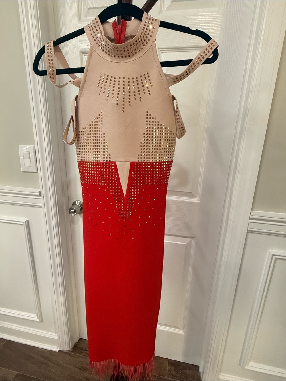 Sleeveless Beige and Red Embellished Evening Dress